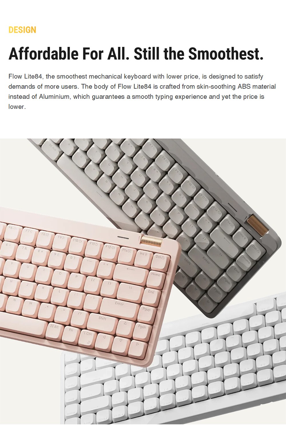 Lofree Flow Lite Low-Profile Mechanical Keyboard, 84-Key Compact Layout, Tri-Mode 2.4G/Bluetooth/USB-C, 2000mAh Battery, Specter Linear Switch 40gf, PBT Double-Shot Keycaps, 1000Hz Polling Rate, Volume Knob - White