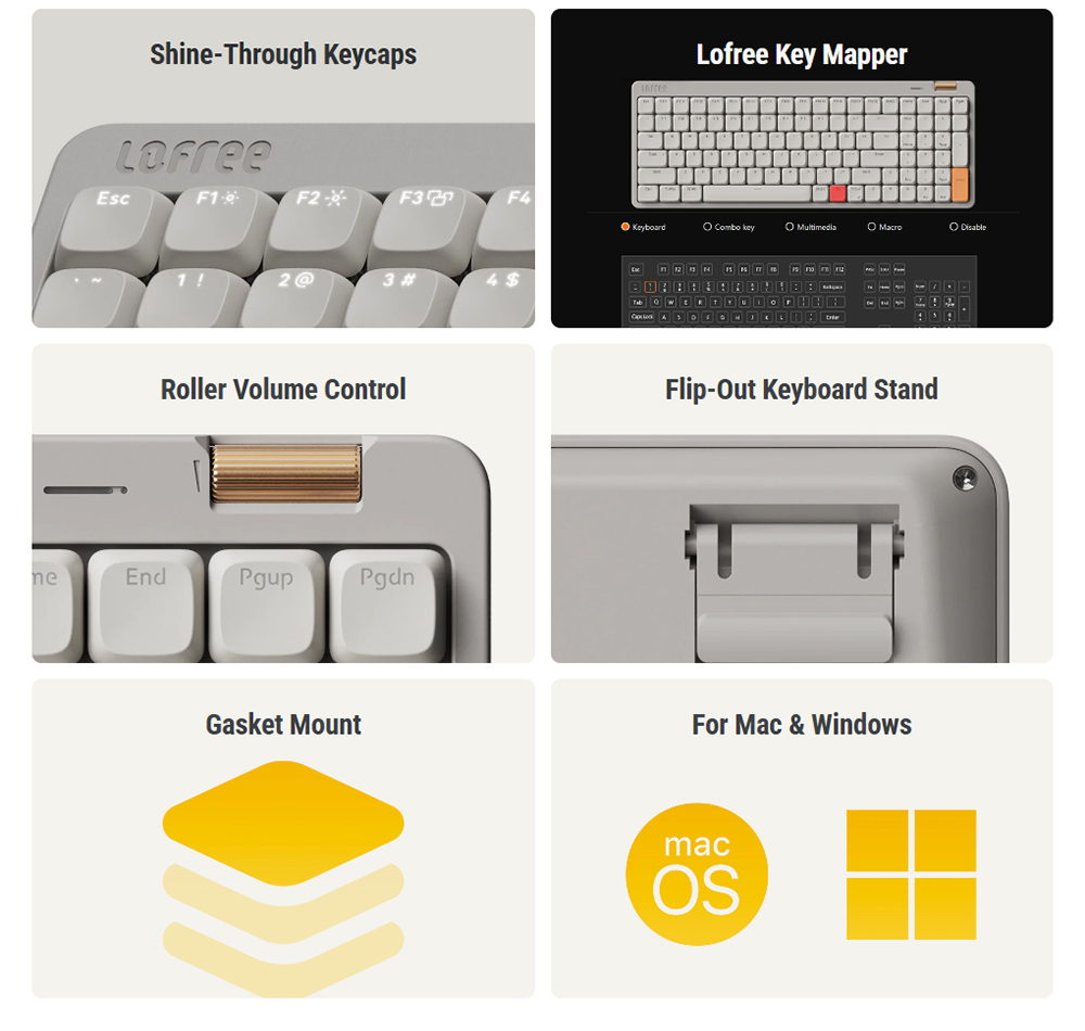 Lofree Flow100 Lite Low Profile Mechanical Keyboard, 100 Keys, Tri-Mode Wireless (Bluetooth/2.4G/Wired), Gasket Mount, PBT Keycaps, 3000mAh Battery, Volume Knob