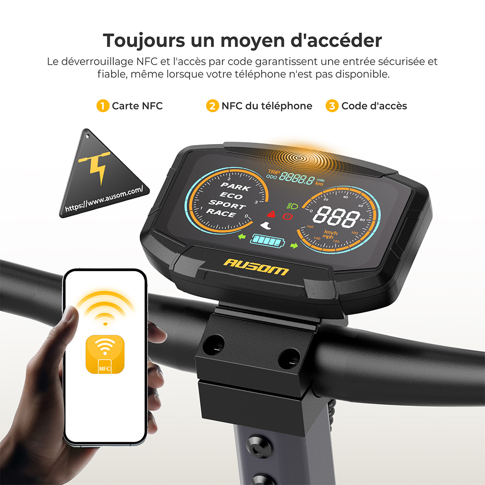 Ausom K20 Pro Trotinette &Eacute;lectrique, Moteur 1000W, Batterie 48V 18Ah, Pneus 10 pouces, Vitesse maximale 50 km/h, Autonomie 90 km, Freins &agrave; disques avant et arri&egrave;re, Double suspension avant, D&eacute;verrouillage NFC