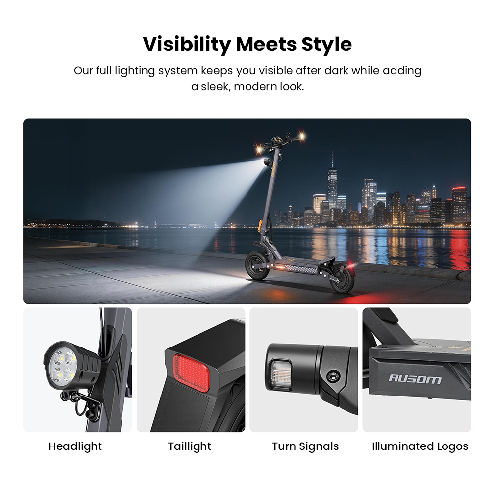 Elektrická kolobežka Ausom Gosoul 2, 800W motor, 48V 13Ah batéria, 10-palcové pneumatiky, max. rýchlosť 20 km/h, dojazd 70 km, predné a zadné kotúčové brzdy, dvojité predné odpruženie, odomykanie NFC