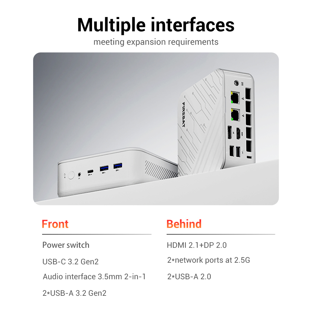 Mini PC FIREBAT AM02, processeur AMD Ryzen 5 7430U 6 c&oelig;urs jusqu'&agrave; 4,3 GHz, 64 Go de RAM DDR4, SSD de 2 To, carte graphique AMD Radeon, triple affichage 4K, double port RJ45 2,5 GHz, Wi-Fi 6 et Bluetooth 5.2.
