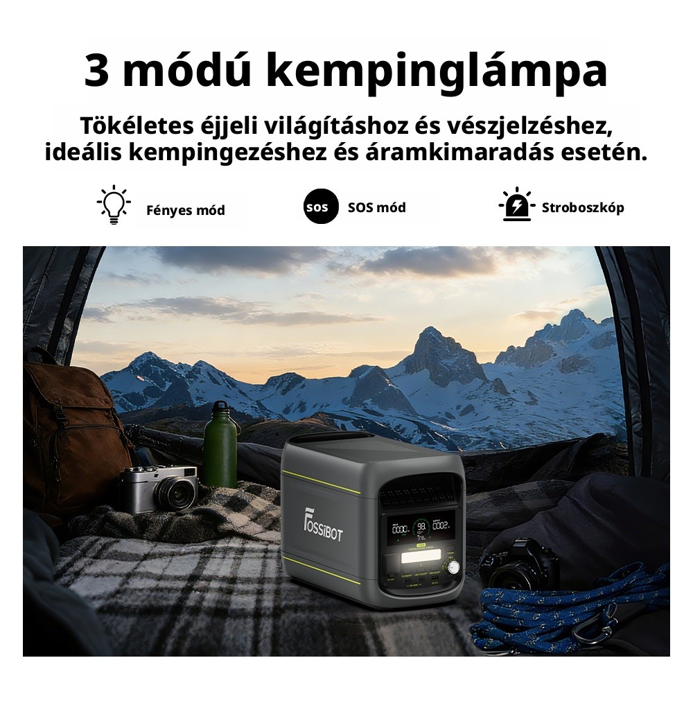 FOSSiBOT F1800 Hordozhat&oacute; Erőmű, 1024Wh LiFePO4, 1800W AC Kimenet, Ultra-Gyors 1200W AC & 500W Napelemes T&ouml;lt&eacute;s, T&ouml;bbportos USB/Type-C/Aut&oacute;s Kimenet, App-vez&eacute;rl&eacute;s, Csendes <10ms UPS