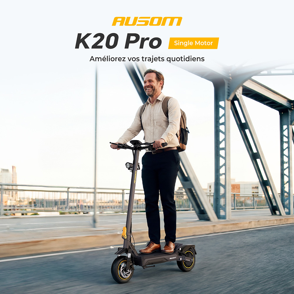 Ausom K20 Pro Trotinette &Eacute;lectrique, Moteur 1000W, Batterie 48V 18Ah, Pneus 10 pouces, Vitesse maximale 50 km/h, Autonomie 90 km, Freins &agrave; disques avant et arri&egrave;re, Double suspension avant, D&eacute;verrouillage NFC