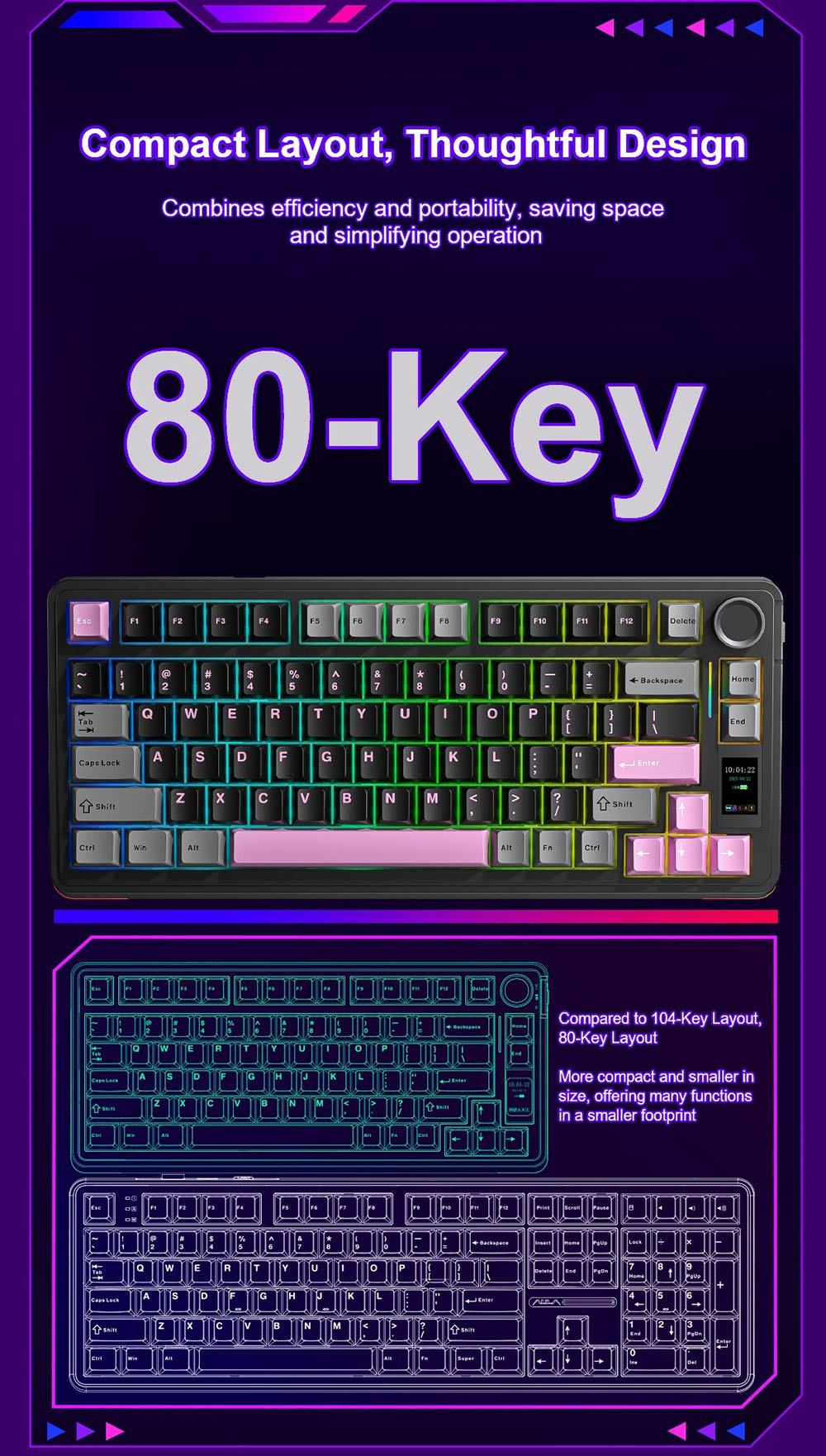 AULA S75 Pro Tri-Mode Wireless Mechanical Keyboard, LCD Screen, Knob Control, Hot-Swappable, RGB Backlit, 75% Layout, 4000mAh Battery - Blue