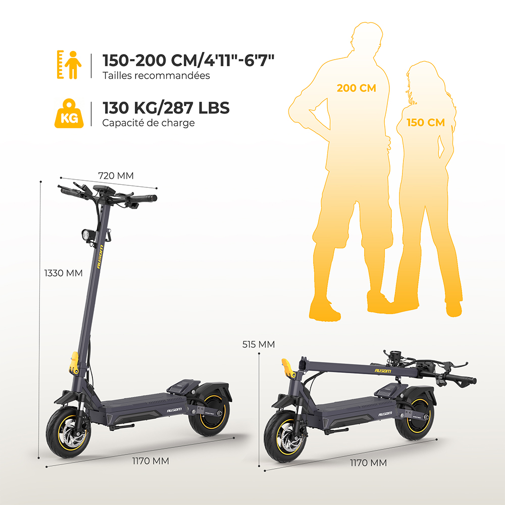 Ausom K20 Pro Trotinette &Eacute;lectrique, Moteur 1000W, Batterie 48V 18Ah, Pneus 10 pouces, Vitesse maximale 50 km/h, Autonomie 90 km, Freins &agrave; disques avant et arri&egrave;re, Double suspension avant, D&eacute;verrouillage NFC