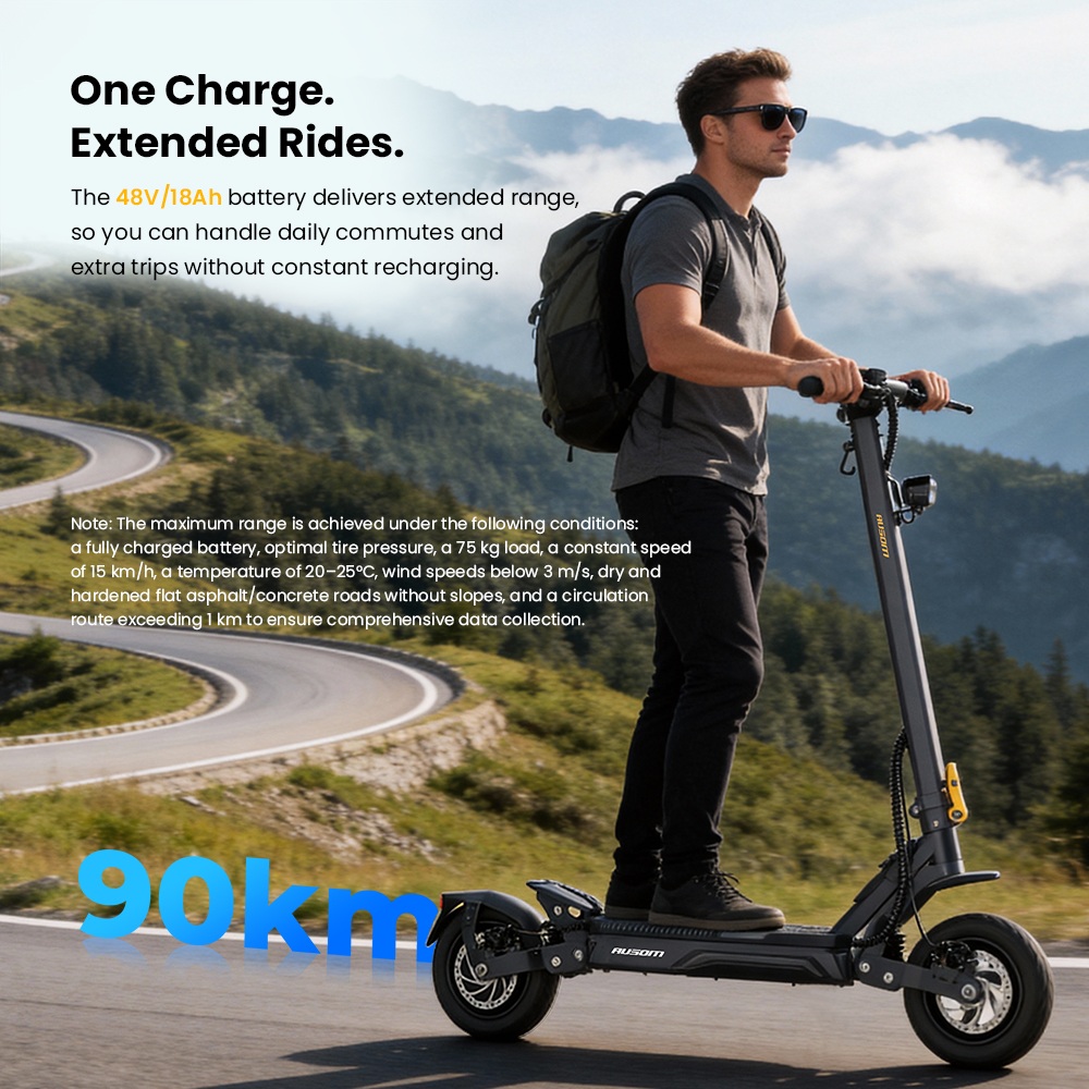 Elektrická kolobežka Ausom Gosoul 2 Pro, 1000W motor, 48V 18Ah batéria, 10-palcové pneumatiky, max. rýchlosť 20 km/h, dojazd 90 km, predná a zadná kotúčová brzda, dvojité predné odpruženie, odomykanie NFC