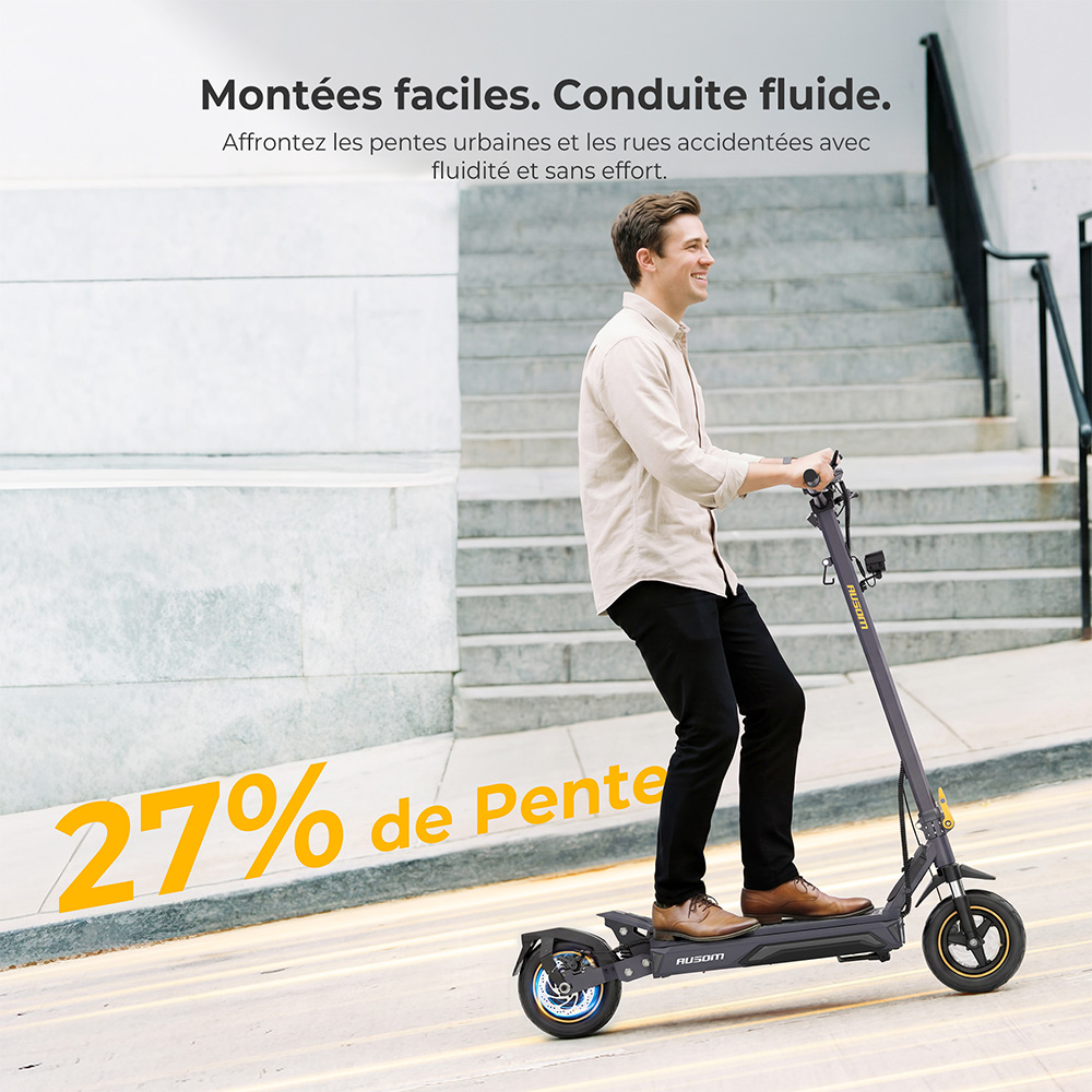 Ausom K20 Pro Trotinette &Eacute;lectrique, Moteur 1000W, Batterie 48V 18Ah, Pneus 10 pouces, Vitesse maximale 50 km/h, Autonomie 90 km, Freins &agrave; disques avant et arri&egrave;re, Double suspension avant, D&eacute;verrouillage NFC