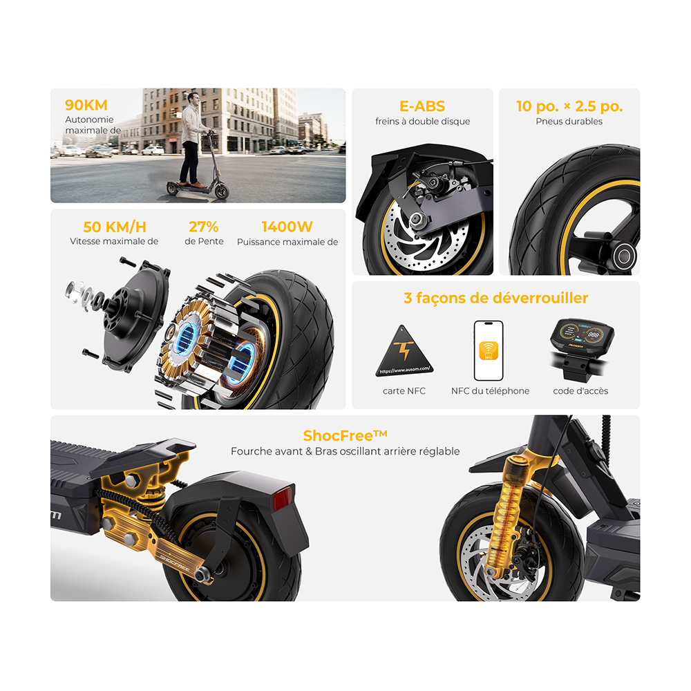 Ausom K20 Pro Trotinette &Eacute;lectrique, Moteur 1000W, Batterie 48V 18Ah, Pneus 10 pouces, Vitesse maximale 50 km/h, Autonomie 90 km, Freins &agrave; disques avant et arri&egrave;re, Double suspension avant, D&eacute;verrouillage NFC