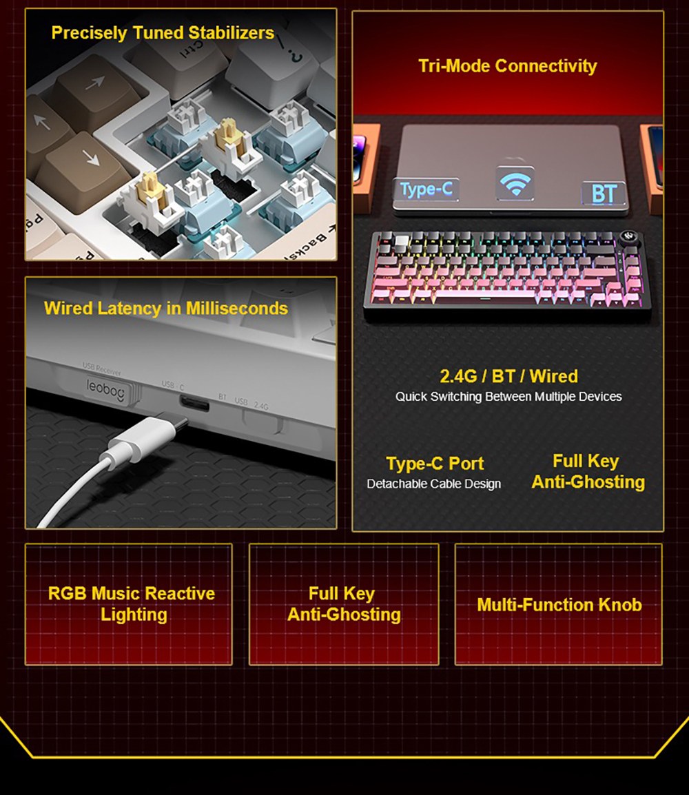 LEOBOG Hi75C Pro Tri-Mode Wireless Mechanical Keyboard, 75% Layout, Aluminum Case, Gasket Mount, Hot-Swappable, RGB Backlit, Knob Control, 4000mAh Battery
