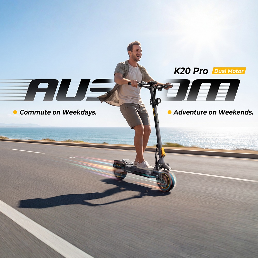 Ausom K20 Pro Dual Motor Elektroroller, 1000W*2 Motoren, 48V 18Ah Akku, 10-Zoll-Reifen, 60km/h H&ouml;chstgeschwindigkeit, 90km Reichweite, Vorder- & Hinterrad-Scheibenbremsen, Doppelte Vorderradfederung, NFC-Entsperrung