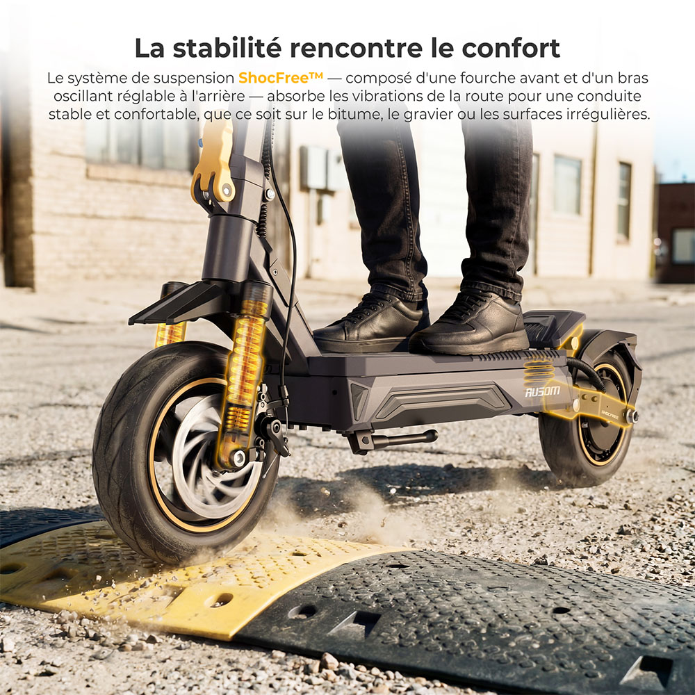 Ausom K20 Pro Trotinette &Eacute;lectrique, Moteur 1000W, Batterie 48V 18Ah, Pneus 10 pouces, Vitesse maximale 50 km/h, Autonomie 90 km, Freins &agrave; disques avant et arri&egrave;re, Double suspension avant, D&eacute;verrouillage NFC