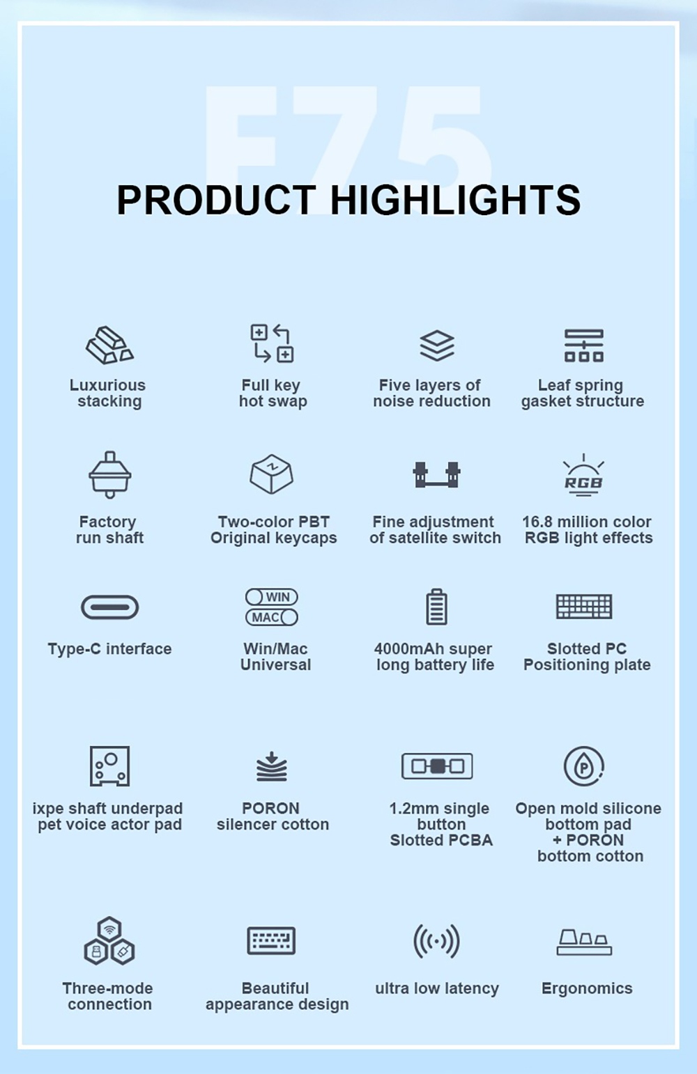 AULA F75 Tri-Mode Wireless Mechanical Keyboard, 75% Layout, Gasket Mount, Hot-Swappable, RGB Backlit, Multimedia Knob, 4000mAh Battery - Black