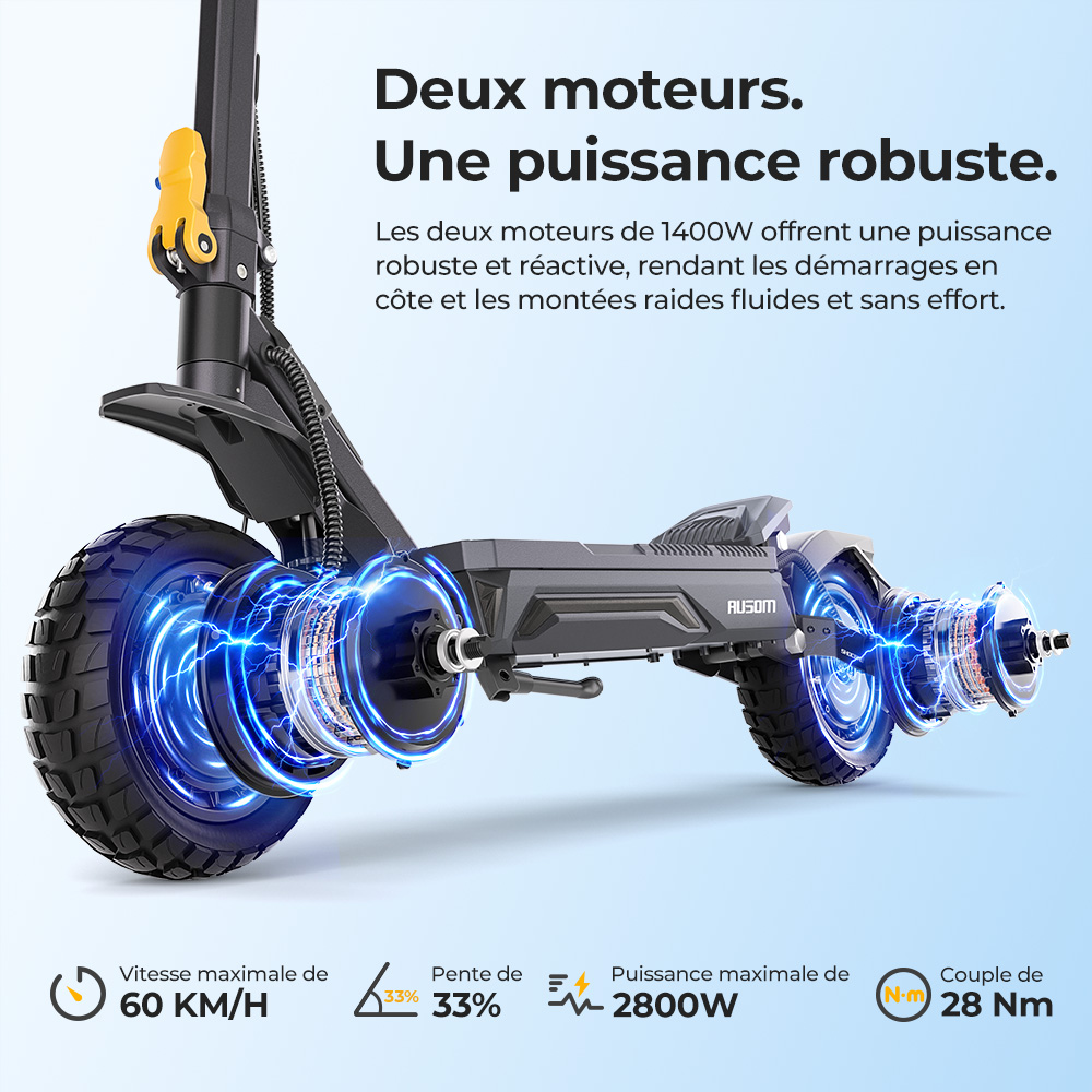 Ausom Gosoul 2 Pro Trottinette &Eacute;lectrique Double Moteur, Moteur 1000W*2, Batterie 48V 18Ah, Pneus 10 pouces, Vitesse Maximale 60km/h, Autonomie 90km, Freins &agrave; Disque Avant & Arri&egrave;re, Double Suspension Avant, D&eacute;verrouillage NFC