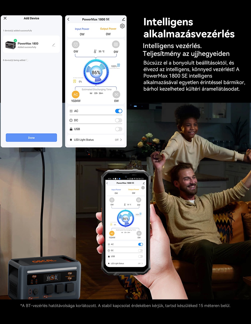 Blackview Oscal PowerMax 1800 SE Hordozhat&oacute; Erőmű, 1024Wh LiFePO₄ Akkumul&aacute;tor, 1800W N&eacute;vleges / 3600W Cs&uacute;csteljes&iacute;tm&eacute;ny, 800W Napelemes &eacute;s 700W AC Gyors T&ouml;lt&eacute;s, 0,01s UPS, Tiszta Szinuszhull&aacute;m, K&uuml;lt&eacute;ri &eacute;s Otthoni Haszn&aacute;latra