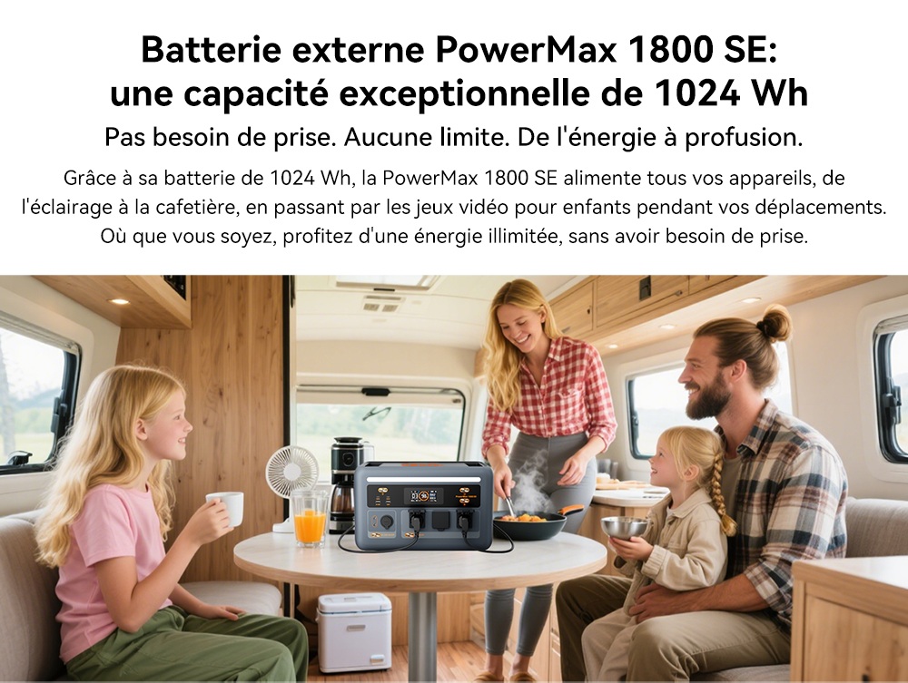 Blackview Oscal PowerMax 1800 SE Station d&rsquo;&Eacute;nergie Portable, Batterie LiFePO₄ 1024Wh, 1800W Puissance Nominale / 3600W Puissance de Cr&ecirc;te, 10 Sorties, Charge Rapide Solaire 800W & AC 700W, UPS 0,01s, pour Ext&eacute;rieur & Secours Domestique