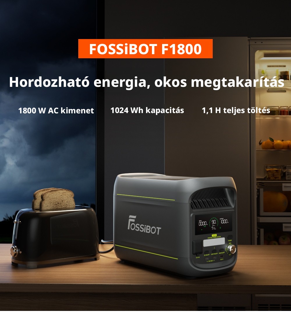 FOSSiBOT F1800 Hordozhat&oacute; Erőmű, 1024Wh LiFePO4, 1800W AC Kimenet, Ultra-Gyors 1200W AC & 500W Napelemes T&ouml;lt&eacute;s, T&ouml;bbportos USB/Type-C/Aut&oacute;s Kimenet, App-vez&eacute;rl&eacute;s, Csendes <10ms UPS