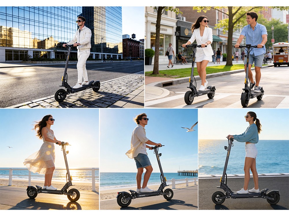 Ausom Gosoul 2 Pro Elektromos Roller, 1000W Motor, 48V 18Ah Akkumul&aacute;tor, 10 H&uuml;velykes Gumiabroncsok, 20 km/h Maxim&aacute;lis Sebess&eacute;g, 90 km Hat&oacute;t&aacute;v, Elő- &eacute;s H&aacute;ts&oacute; Lemezf&eacute;kkel, K&eacute;toldali Előf&uuml;ggeszt&eacute;s, NFC Felold&aacute;s