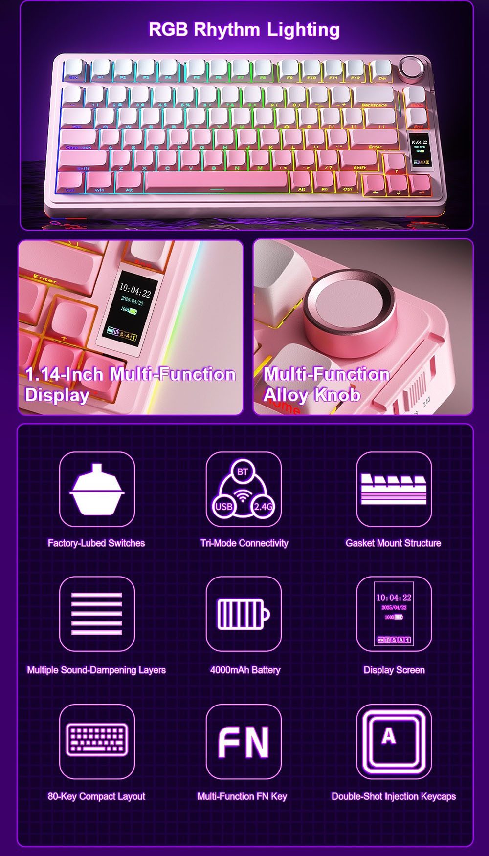 AULA S75 Pro Tri-Mode Wireless Mechanical Keyboard, LCD Screen, Knob Control, Hot-Swappable, RGB Backlit, 75% Layout, 4000mAh Battery - Blue