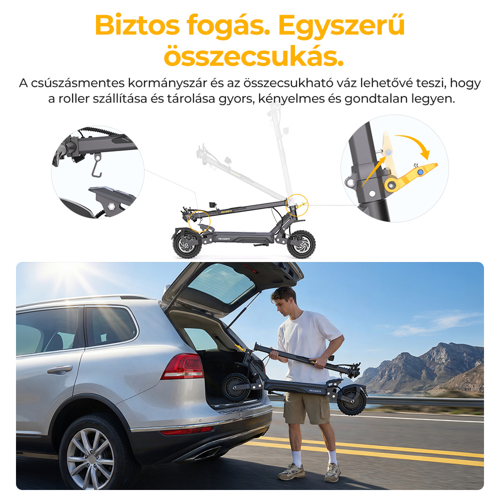 Ausom Gosoul 2 Pro K&eacute;tmotoros Elektromos Roller, 1000W*2 Motor, 48V 18Ah Akkumul&aacute;tor, 10 H&uuml;velykes Gumiabroncsok, 60km/h Maxim&aacute;lis Sebess&eacute;g, 90km Hat&oacute;t&aacute;v, Első & H&aacute;ts&oacute; T&aacute;rcsaf&eacute;k, Kettős Első Felf&uuml;ggeszt&eacute;s, NFC Felold&aacute;s