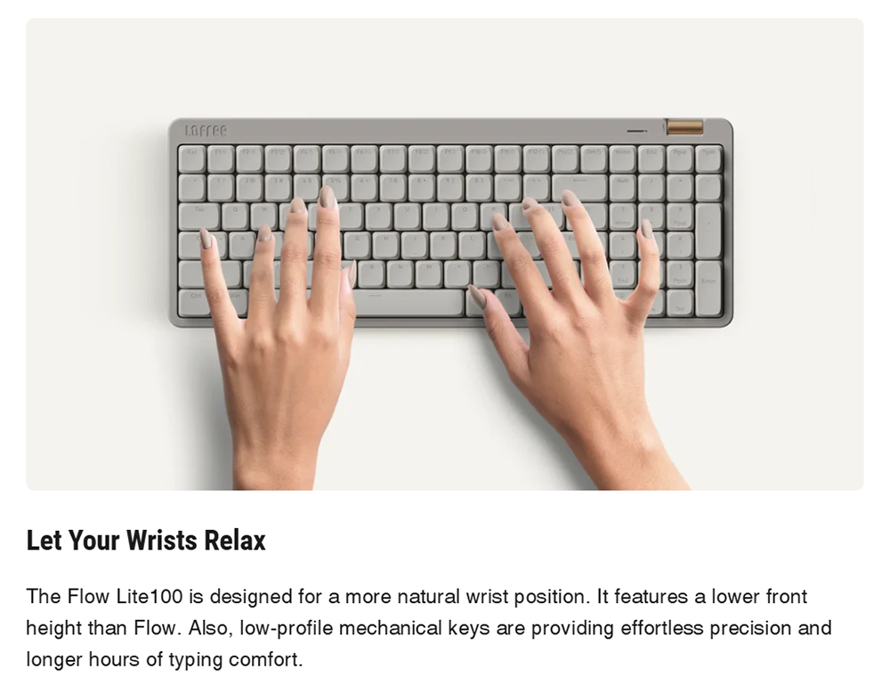 Lofree Flow100 Lite Low Profile Mechanical Keyboard, 100 Keys, Tri-Mode Wireless (Bluetooth/2.4G/Wired), Gasket Mount, PBT Keycaps, 3000mAh Battery, Volume Knob