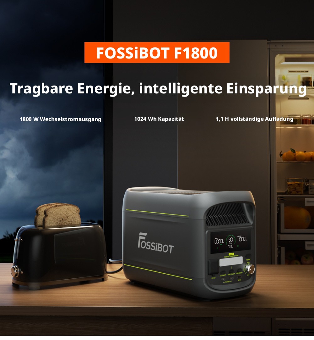 FOSSiBOT F1800 Tragbare Powerstation, 1024Wh LiFePO4, 1800W AC Ausgang, Ultra-Schnell 1200W AC & 500W Solarladung, Multi-Port USB/Type-C/Auto Ausgang, App-gesteuert, Leise <10ms USV