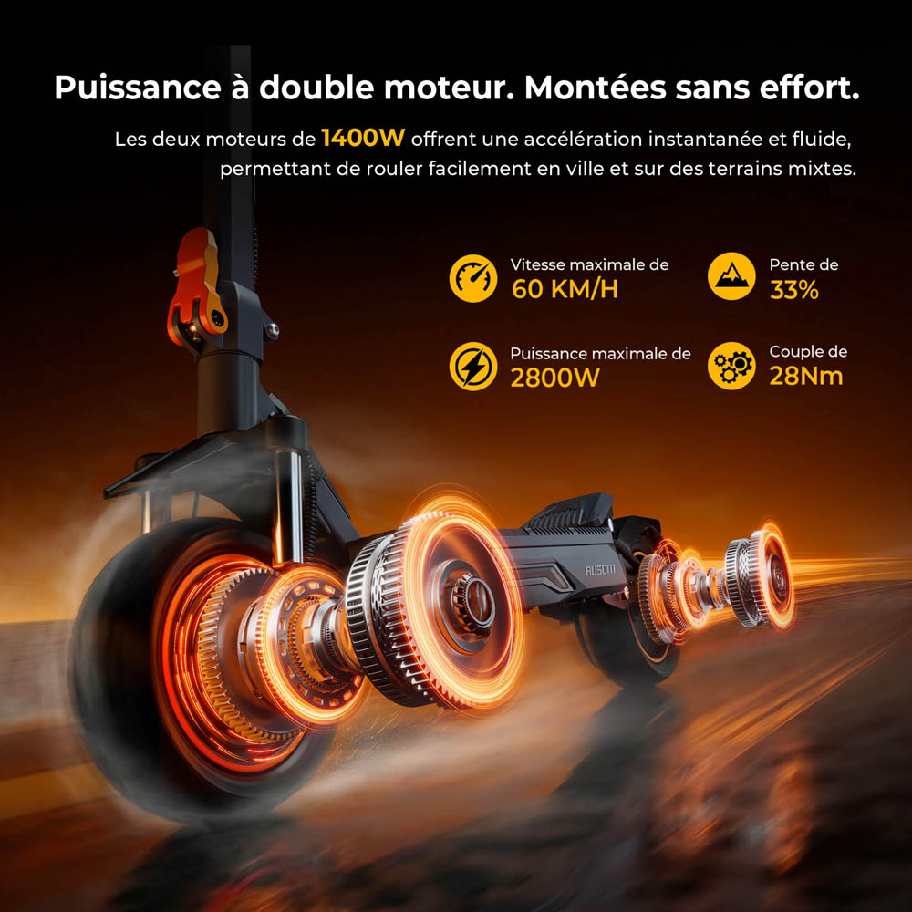 Ausom K20 Pro Trottinette &Eacute;lectrique Double Moteur, Moteur 1000W*2, Batterie 48V 18Ah, Pneus 10 pouces, Vitesse Maximale 60km/h, Autonomie 90km, Freins &agrave; Disque Avant & Arri&egrave;re, Double Suspension Avant, D&eacute;verrouillage NFC