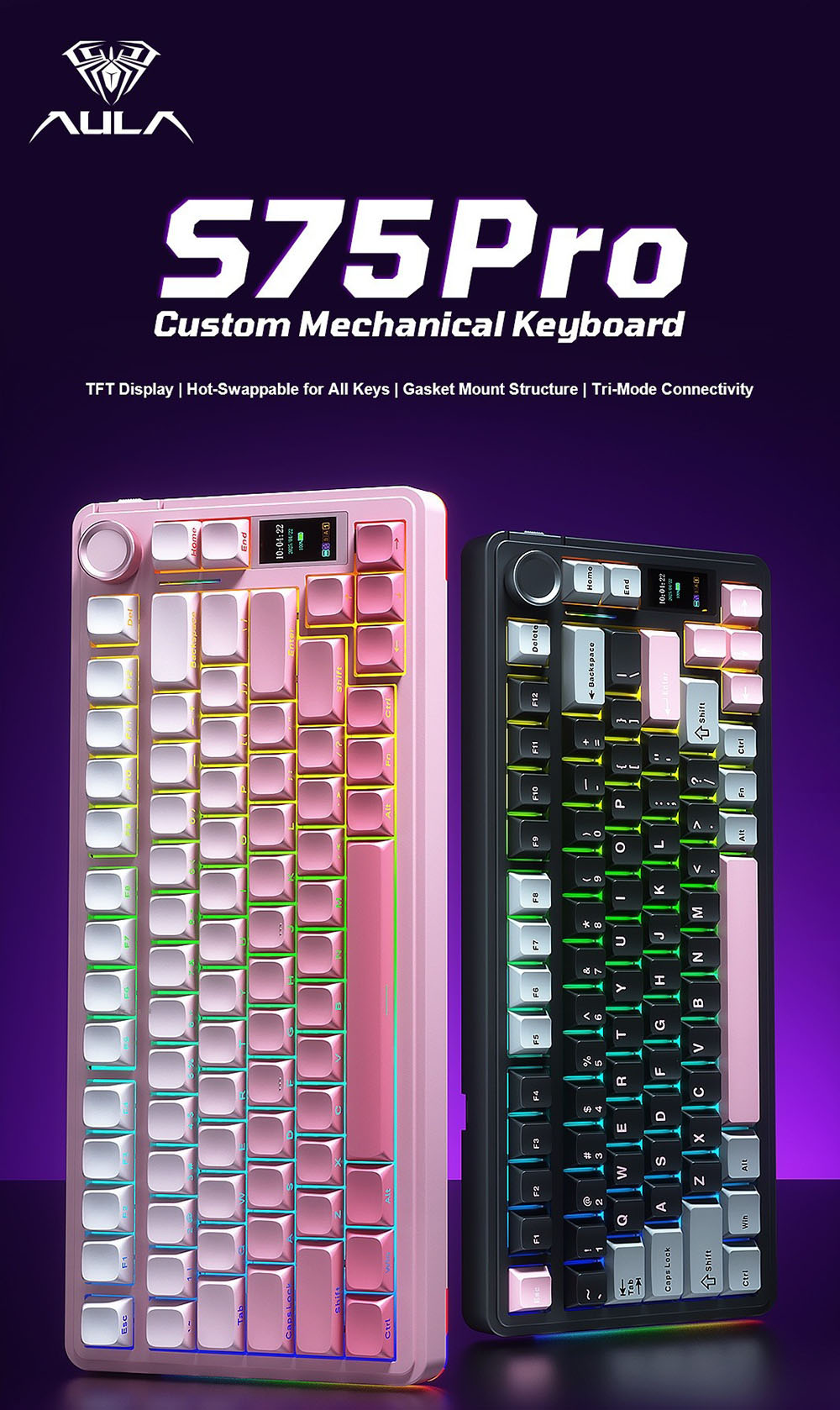 AULA S75 Pro Tri-Mode Wireless Mechanical Keyboard, LCD Screen, Knob Control, Hot-Swappable, RGB Backlit, 75% Layout, 4000mAh Battery - Blue