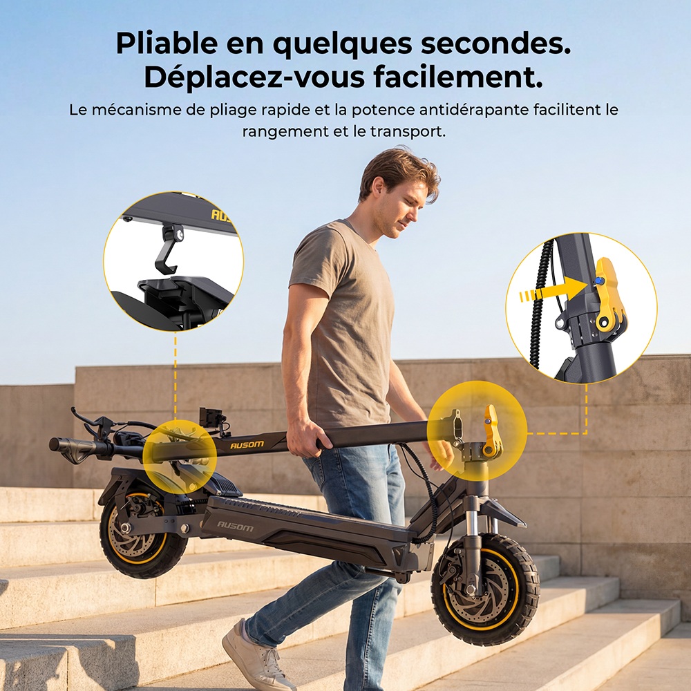 Ausom K20 Pro Trottinette &Eacute;lectrique Double Moteur, Moteur 1000W*2, Batterie 48V 18Ah, Pneus 10 pouces, Vitesse Maximale 60km/h, Autonomie 90km, Freins &agrave; Disque Avant & Arri&egrave;re, Double Suspension Avant, D&eacute;verrouillage NFC