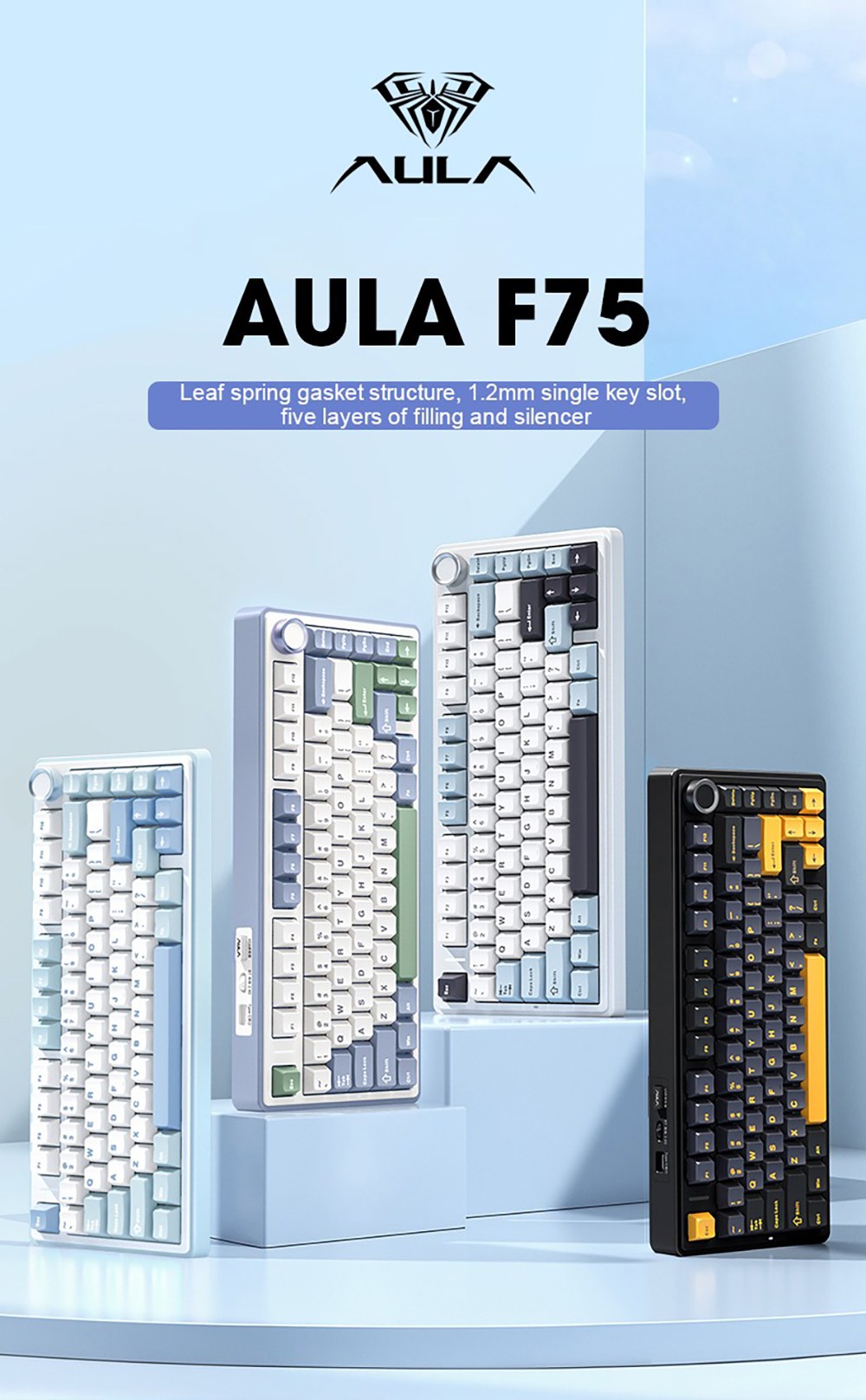 AULA F75 Tri-Mode Wireless Mechanical Keyboard, 75% Layout, Gasket Mount, Hot-Swappable, RGB Backlit, Multimedia Knob, 4000mAh Battery - Blue