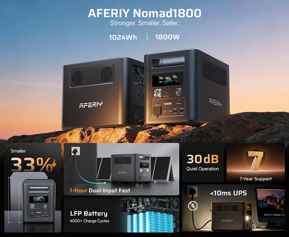 AFERIY Nomad1800 P180 Tragbare Powerstation, 1024 Wh LiFePO4-Akku, 1800 W reiner Sinus-Wechselstrom, <10 ms USV, 9 Ausg&auml;nge mit 140 W PD USB-C, Schnellladung &uuml;ber zwei Eing&auml;nge