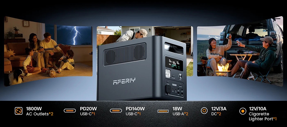 AFERIY Nomad1800 P180 Tragbare Powerstation, 1024 Wh LiFePO4-Akku, 1800 W reiner Sinus-Wechselstrom, <10 ms USV, 9 Ausg&auml;nge mit 140 W PD USB-C, Schnellladung &uuml;ber zwei Eing&auml;nge