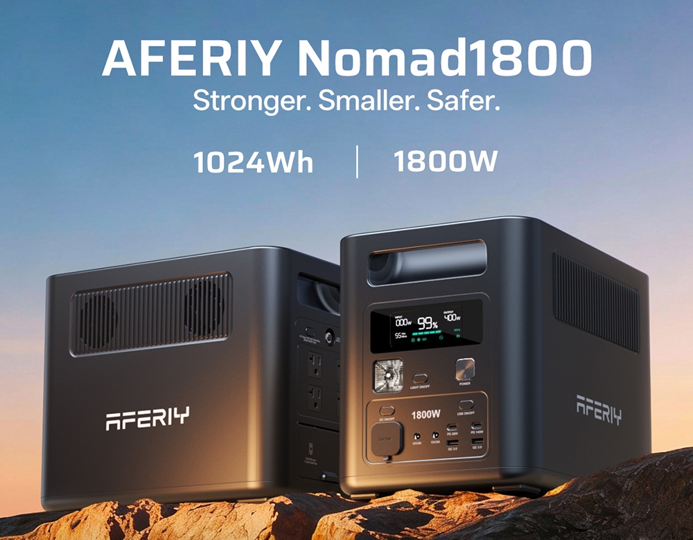 AFERIY Nomad1800 P180 Portable Power Station, 1800W Pure Sine Wave (3600W Peak), 1024Wh LiFePO4 Battery, 1500W Fast Charging, <10ms UPS Backup, 13 I/O Ports, 4 Charging Methods