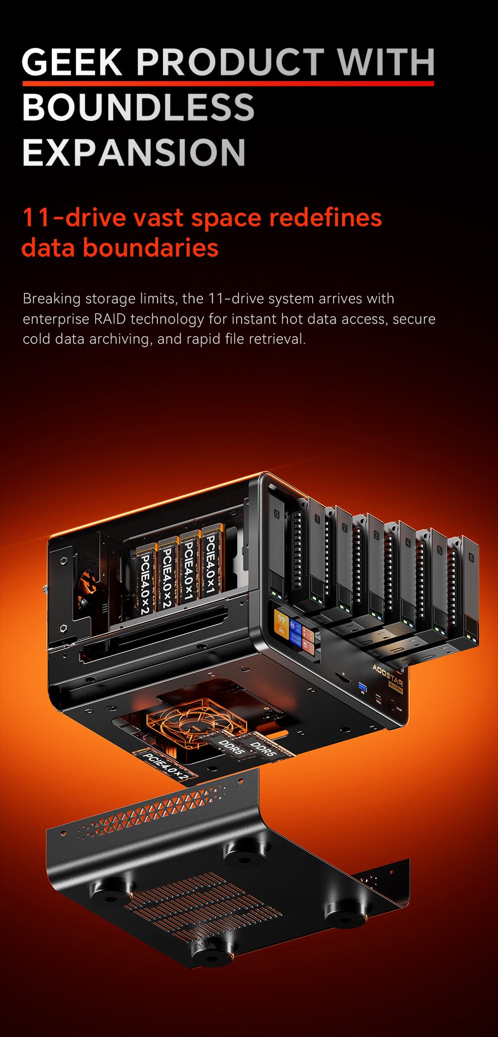 Mini PC NAS AOOSTAR WTR MAX 11 baies (sans RAM ni SSD), &eacute;cran secondaire, processeur AMD R7 Pro 8845HS 8 c&oelig;urs (jusqu'&agrave; 5,1 GHz), triple affichage (HDMI + DP + USB 4), 2 ports LAN 2,5G, 2 ports LAN 10G (Intel X710), 3 ports USB 3.2, 1 port Oculink, 1 lecteur de carte SD, 1 port USB Type-C, 1 prise audio (prise UE).