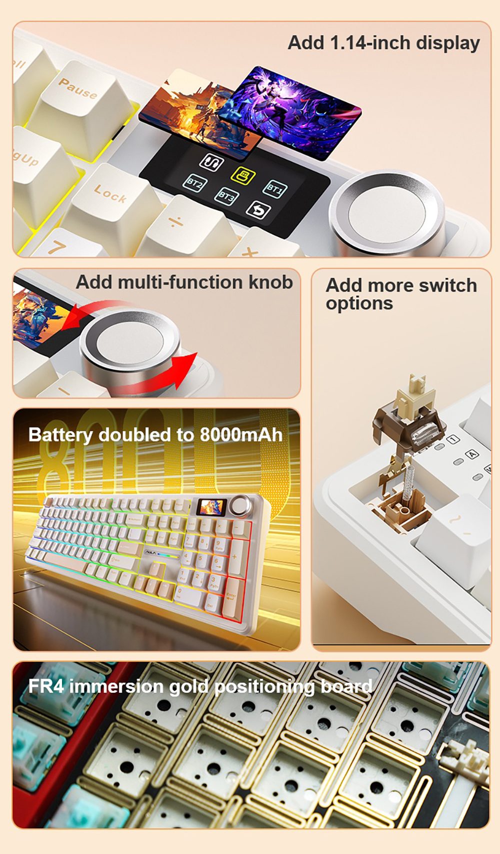 AULA F108 Pro Tri-Mode Wireless Mechanical Keyboard, 104-Key Gasket Mount, Hot-Swappable LEOBOG Graywood V3 Linear Switch, 1.14-Inch LCD Screen, RGB Backlit, 8000mAh Battery - Gradient Pink