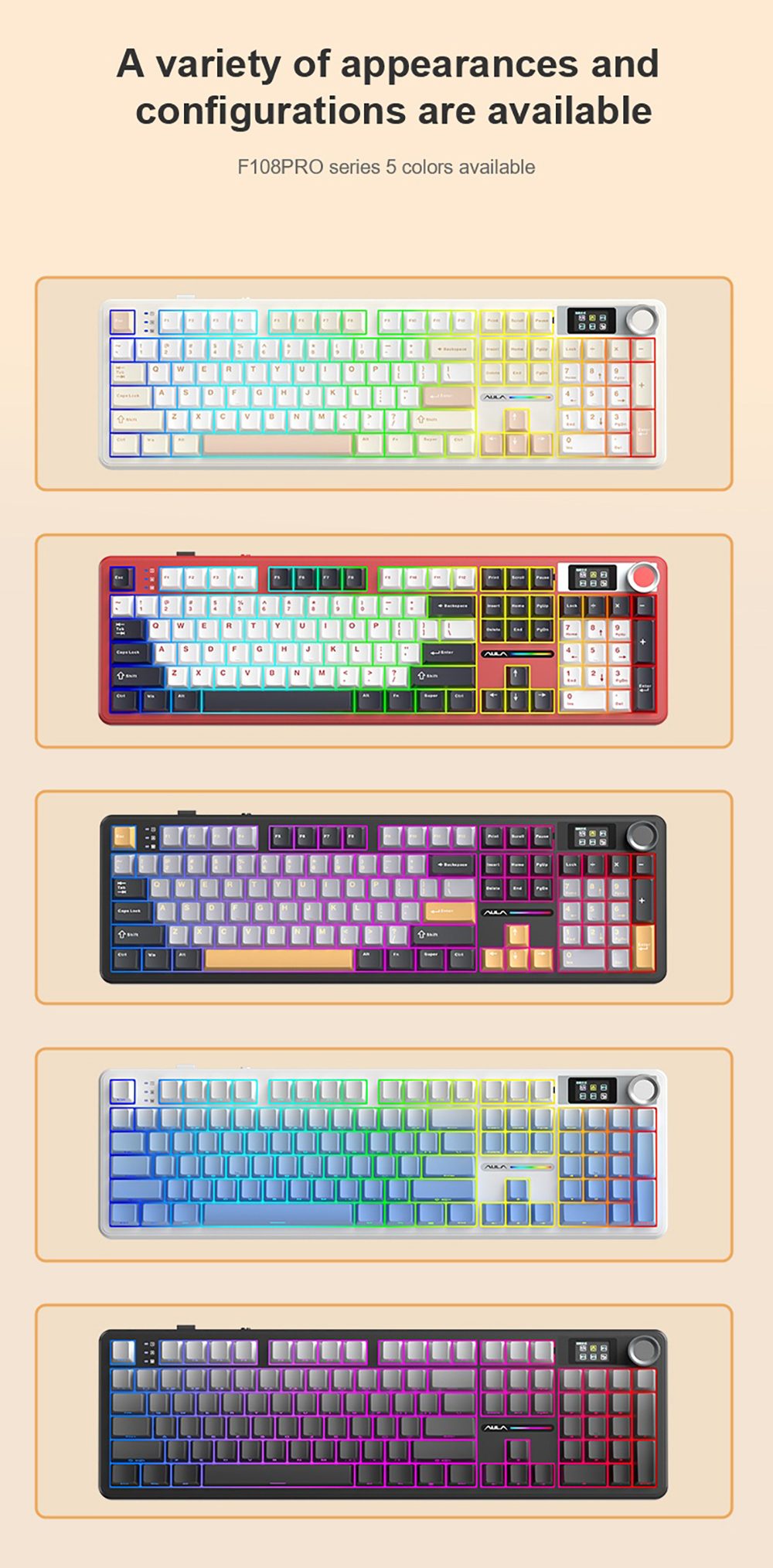 AULA F108 Pro Tri-Mode Wireless Mechanical Keyboard, 104-Key Gasket Mount, Hot-Swappable LEOBOG Graywood V3 Linear Switch, 1.14-Inch LCD Screen, RGB Backlit, 8000mAh Battery - Gradient Pink