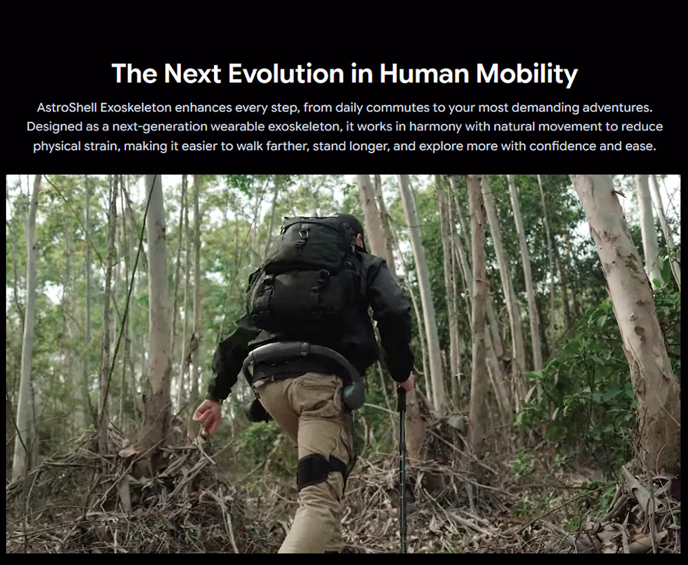 AstroShell Alpha 1 Pro Exoskeleton, 45% Leg Boost, AI Adaptive Assist, 1200W Peak Power, Dual-Battery Hot-Swap, 24km Range, 12 Motion Modes, 15-Second Quick Wear