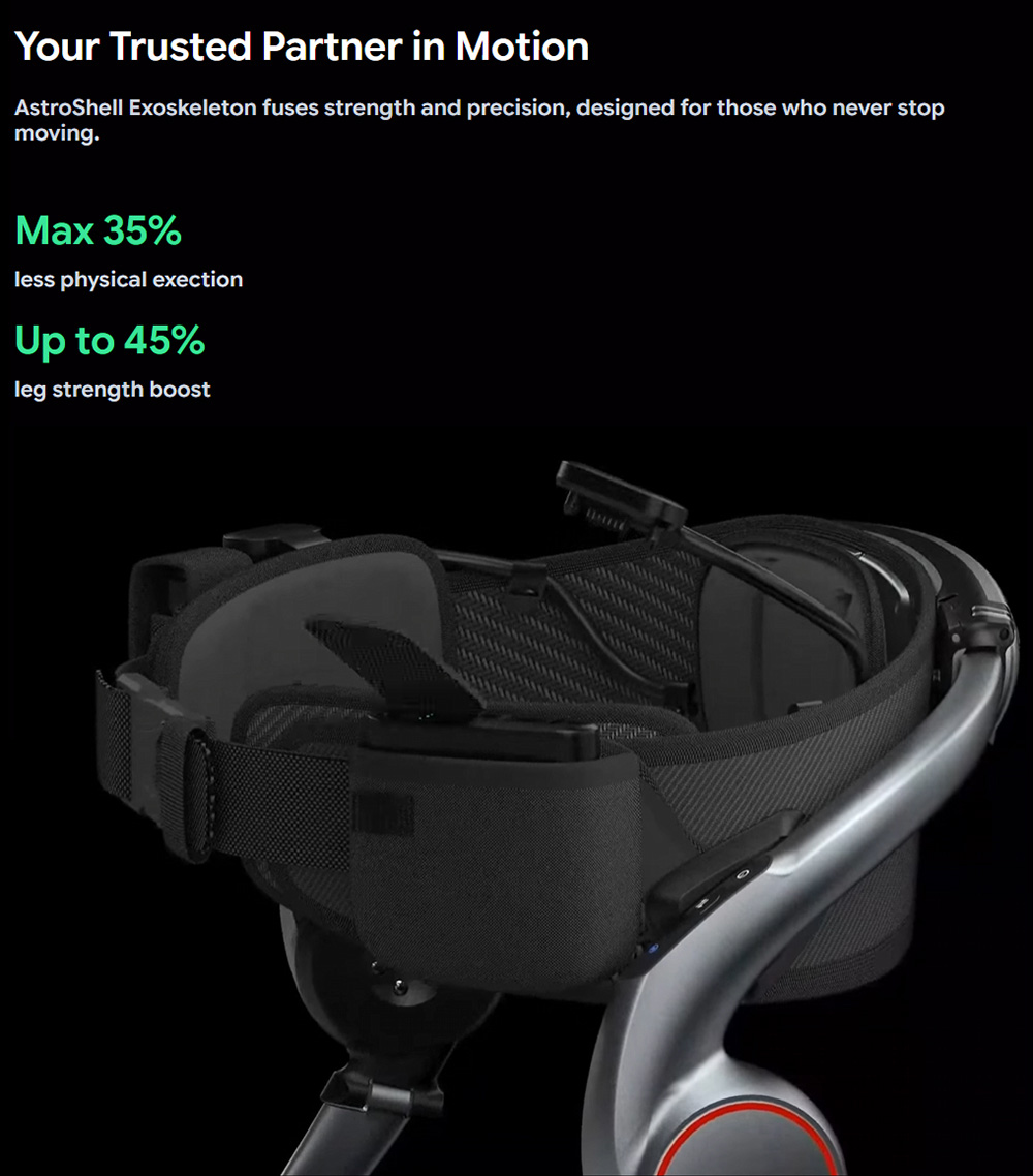 AstroShell Alpha 1 Pro Exoskeleton, 45% Leg Boost, AI Adaptive Assist, 1200W Peak Power, Dual-Battery Hot-Swap, 24km Range, 12 Motion Modes, 15-Second Quick Wear