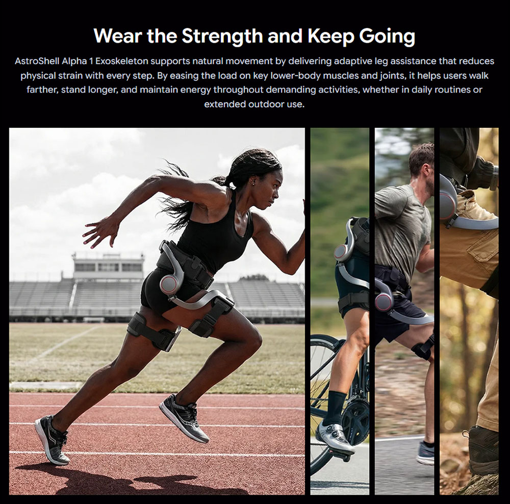 AstroShell Alpha 1 Pro Exoskeleton, 45% Leg Boost, AI Adaptive Assist, 1200W Peak Power, Dual-Battery Hot-Swap, 24km Range, 12 Motion Modes, 15-Second Quick Wear