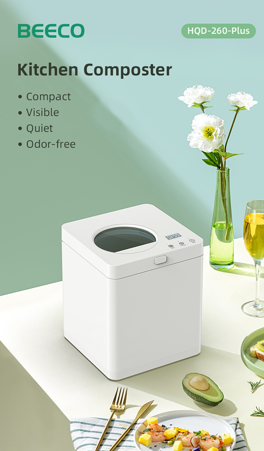 BEECO HQD-260-Plus K&uuml;chenkomposter, 2,5 l Fassungsverm&ouml;gen, Schnelltrocknung, 550 W Hochtemperatur-Trocknung und -Zerkleinerung, geruchsneutral dank Aktivkohlefilter, Bedienung per Knopfdruck, digitale Statusanzeige &ndash; Wei&szlig;