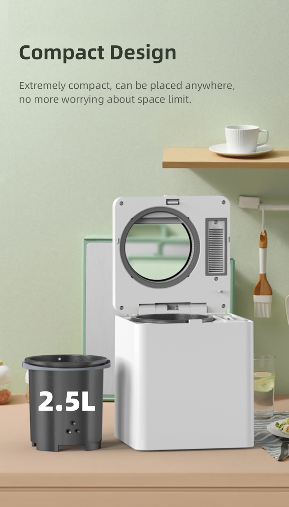 BEECO HQD-260-Plus K&uuml;chenkomposter, 2,5 l Fassungsverm&ouml;gen, Schnelltrocknung, 550 W Hochtemperatur-Trocknung und -Zerkleinerung, geruchsneutral dank Aktivkohlefilter, Bedienung per Knopfdruck, digitale Statusanzeige &ndash; Wei&szlig;