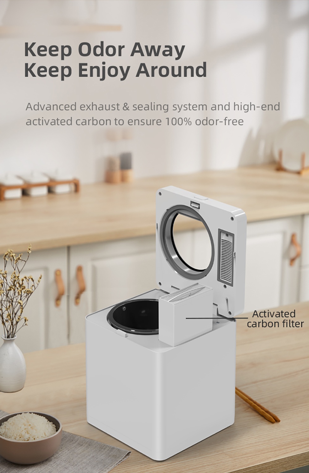 BEECO HQD-260-Plus K&uuml;chenkomposter, 2,5 l Fassungsverm&ouml;gen, Schnelltrocknung, 550 W Hochtemperatur-Trocknung und -Zerkleinerung, geruchsneutral dank Aktivkohlefilter, Bedienung per Knopfdruck, digitale Statusanzeige &ndash; Wei&szlig;