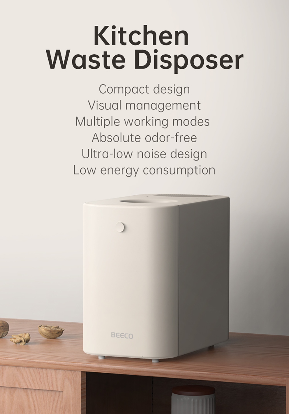 BEECO HQD-260C Elektrischer K&uuml;chenkomposter, 2,5 l Fassungsverm&ouml;gen, 470 W Leistung, 6 intelligente Modi, Selbstreinigung, geruchsneutral dank Aktivkohlefilter, kompaktes Design mit Sichtfenster, Ein-Knopf-Bedienung &ndash; Lotte White