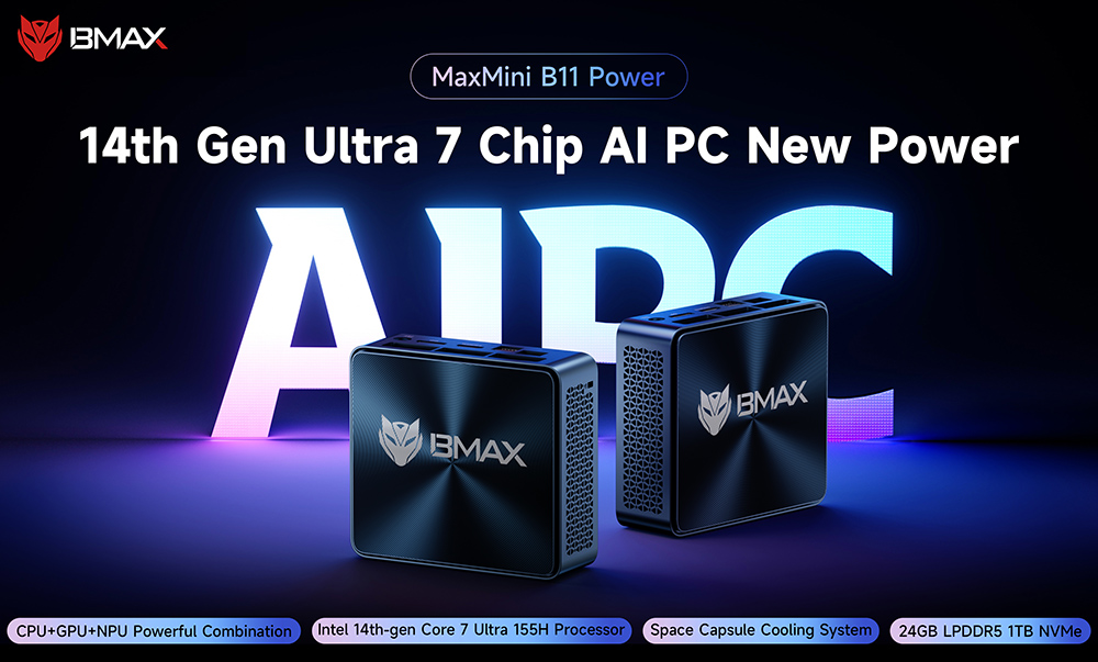 BMAX B11 Power Mini PC, Intel Core Ultra 7 155H 16 cœurs jusqu'à 4,8GHz, 24Go LPDDR5 RAM 1To SSD, Intel Arc Graphics, HDMI + DP + Type-C Tout-en-un 4K Triple Écran, 2,5G RJ45 WiFi 6 Bluetooth 5.2, AI Boost NPU