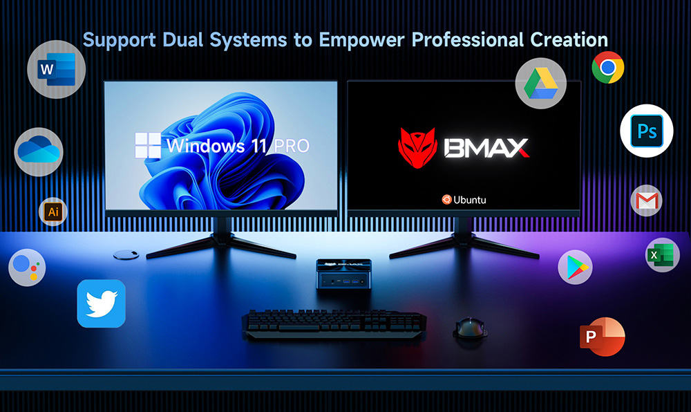 BMAX B11 Power Mini PC, Intel Core Ultra 7 155H 16 cœurs jusqu'à 4,8GHz, 24Go LPDDR5 RAM 1To SSD, Intel Arc Graphics, HDMI + DP + Type-C Tout-en-un 4K Triple Écran, 2,5G RJ45 WiFi 6 Bluetooth 5.2, AI Boost NPU
