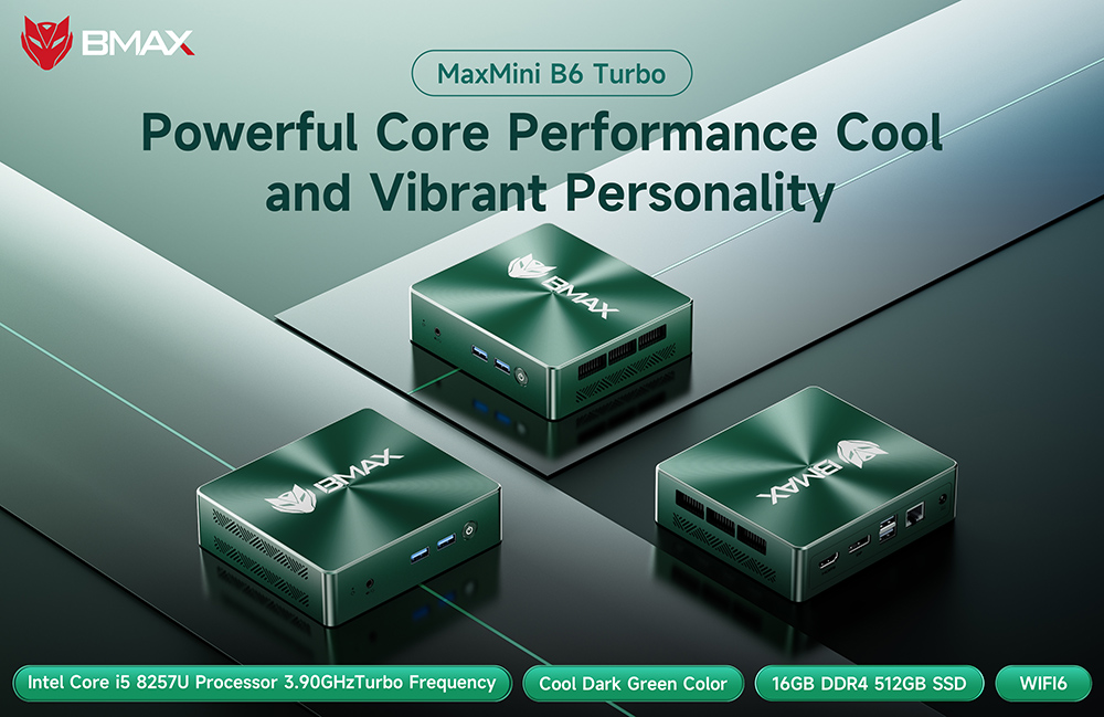 BMAX B6 Turbo Mini-PC, Intel Core i5-8257U (4 Kerne, bis zu 3,9 GHz), 16 GB DDR4-RAM, 512 GB SSD, HDMI + DP Dual-4K-Display, 4 USB 3.0-Anschl&uuml;sse (11.000 Mbit/s), RJ45-Anschluss, 1 x 3,5-mm-Audioanschluss, WLAN 6, Bluetooth 5.0