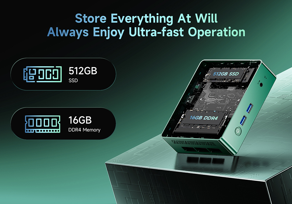 BMAX B6 Turbo Mini-PC, Intel Core i5-8257U (4 Kerne, bis zu 3,9 GHz), 16 GB DDR4-RAM, 512 GB SSD, HDMI + DP Dual-4K-Display, 4 USB 3.0-Anschl&uuml;sse (11.000 Mbit/s), RJ45-Anschluss, 1 x 3,5-mm-Audioanschluss, WLAN 6, Bluetooth 5.0