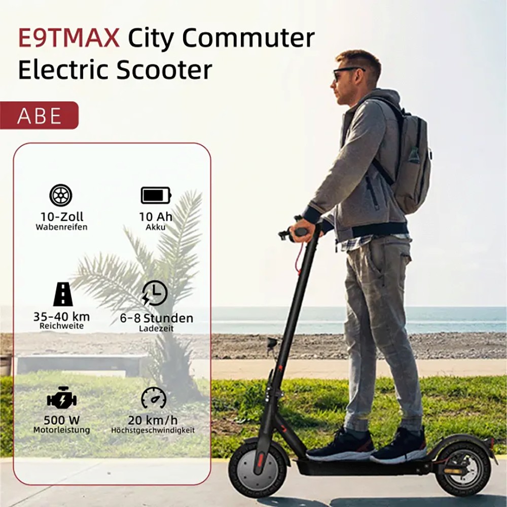 E9TMax Electric Scooter, 500W Motor, 36V10Ah Battery, 20km/h Speed, 40km Range, 10
