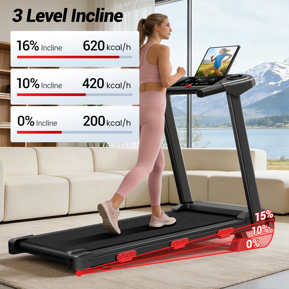 EviTrend Q1 Foldable Treadmill with 16% Incline, 3.0HP Motor, 3 Level Incline, 180kg Max Load, 12 Workout Programs, LED Display, Low Noise, 6 Shock Absorbers