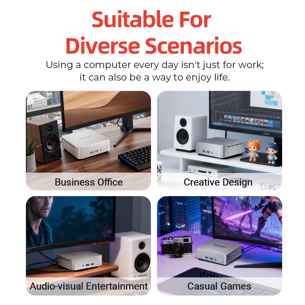 FIREBAT R2 Mini-PC, AMD Ryzen 5 3500U 4-Kern, max. 3,7 GHz, 16 GB RAM, 512 GB SSD, 2 x HDMI Dual-4K-Display, WiFi 5, Bluetooth 4.2, 1 x USB-C, 2 x USB 3.2, 2 x USB 2.0, 1 x RJ45, 1 x Audio-Buchse