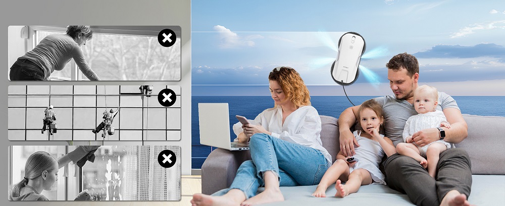 FMART T11 Window Cleaning Robot with 10 Wipes, 5300Pa Suction, 4-Way Auto Spray, 100ml Tank, 60mm Slim Design, 20min UPS, 4m Safety Rope, Smart Navigation, Remote Control